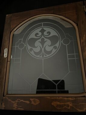 Wooden Wall Cabinet Door with Arched Glass Panel - Brown Vtg